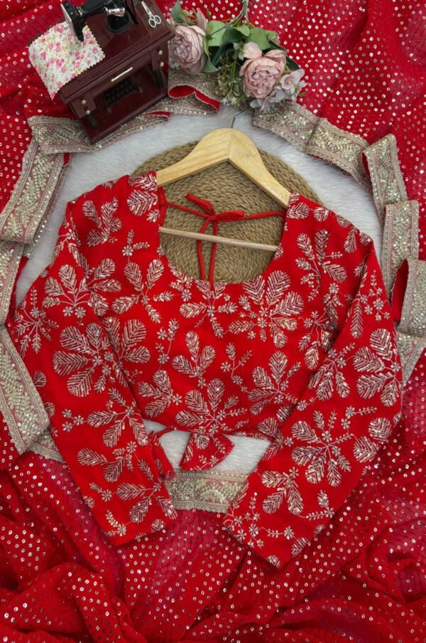 Premium Red Faux Blooming Georgette Saree with Thread & Sequence Work