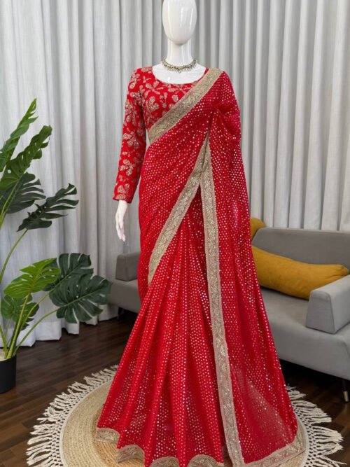 Premium Red Faux Blooming Georgette Saree with Thread & Sequence Work