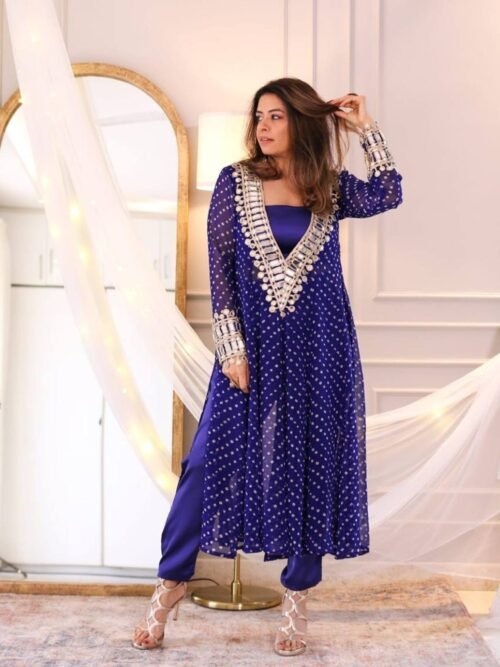 Blue Bandhani Print Mirror Work Cord Set