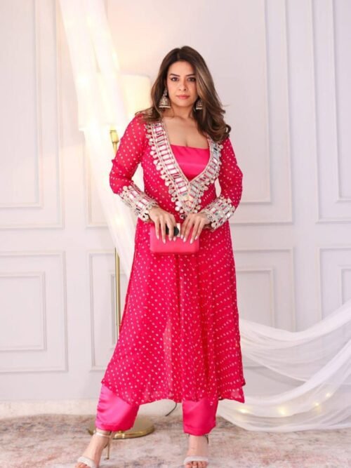 Rani Pink Bandhani Print Mirror Work Cord Set