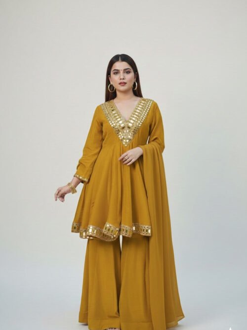 Mustard Shishmahal Cosmos Silk Palazzo Suit