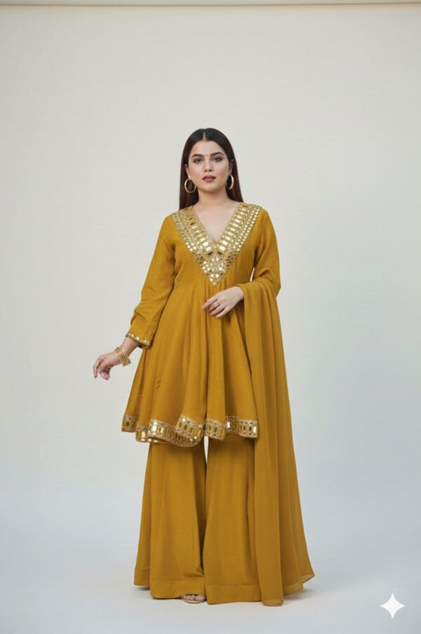 Mustard Shishmahal Cosmos Silk Palazzo Suit