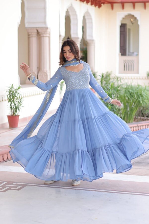 Vista Blue Georgette Designer Gown