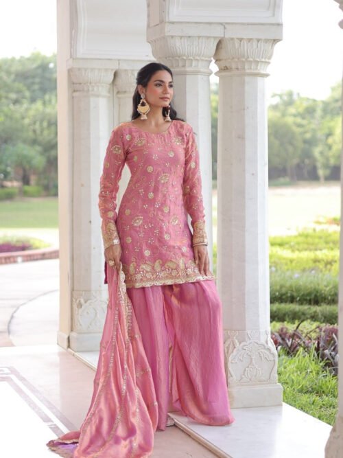 Charm Pink Color Fendy Silk Sharara Set