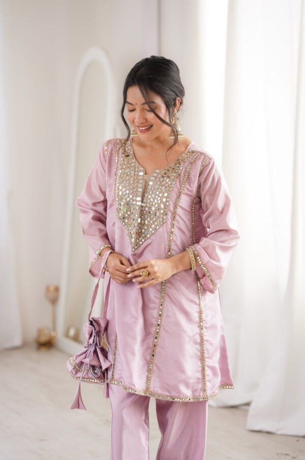 Premium Metallic Pink Real Mirror Work Suit Set in HO Fabric