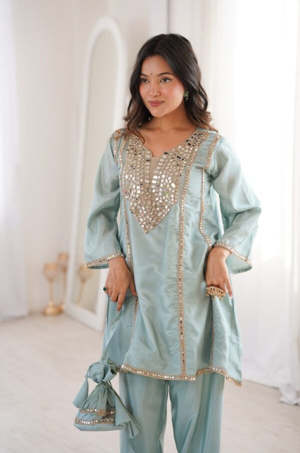 Premium Misty Blue Real Mirror Work Suit Set in HO Fabric
