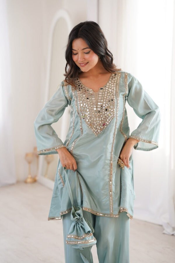 Premium Misty Blue Real Mirror Work Suit Set in HO Fabric