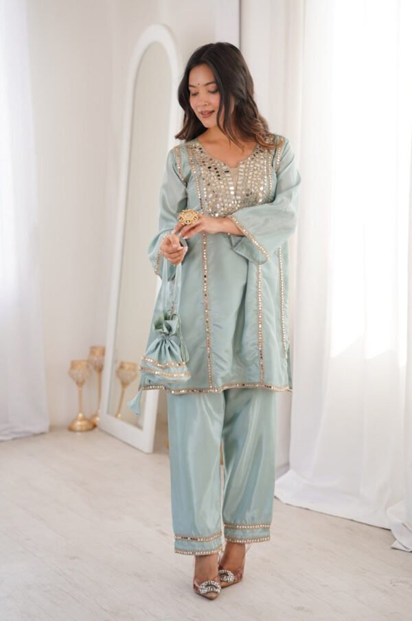 Premium Misty Blue Real Mirror Work Suit Set in HO Fabric