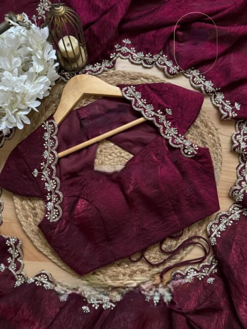 Elegant Wine Silk Saree with Katdana & Pearl Handwork