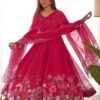 Rani Pink Flower Print Organza Silk Anarkali Suit Set