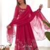 Rani Pink Flower Print Organza Silk Anarkali Suit Set