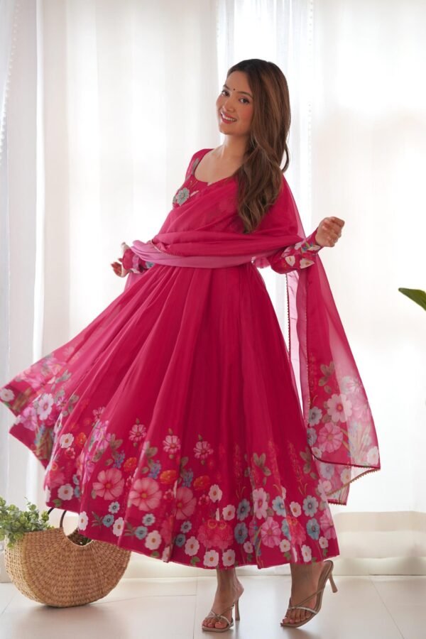 Rani Pink Flower Print Organza Silk Anarkali Suit Set