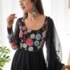 Elegant Black Floral Print Anarkali with Zari Work and Dupatta - Ready-to-Wear
