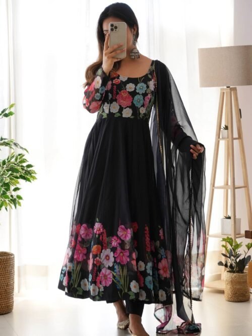 Elegant Black Floral Print Anarkali with Zari Work and Dupatta - Ready-to-Wear