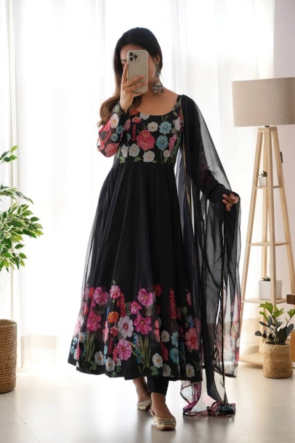 Elegant Black Floral Print Anarkali with Zari Work and Dupatta - Ready-to-Wear