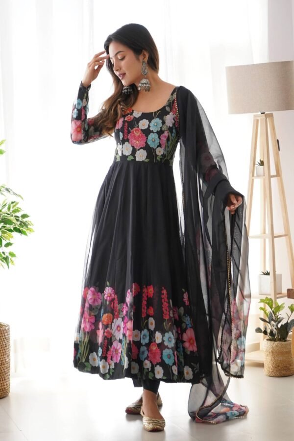 Elegant Black Floral Print Anarkali with Zari Work and Dupatta - Ready-to-Wear