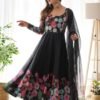 Elegant Black Floral Print Anarkali with Zari Work and Dupatta - Ready-to-Wear