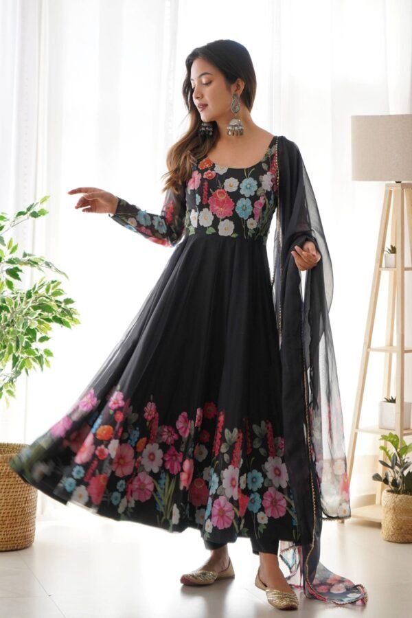 Elegant Black Floral Print Anarkali with Zari Work and Dupatta - Ready-to-Wear
