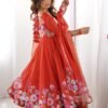 Rust Orange Floral Organza Silk Anarkali Suit Set