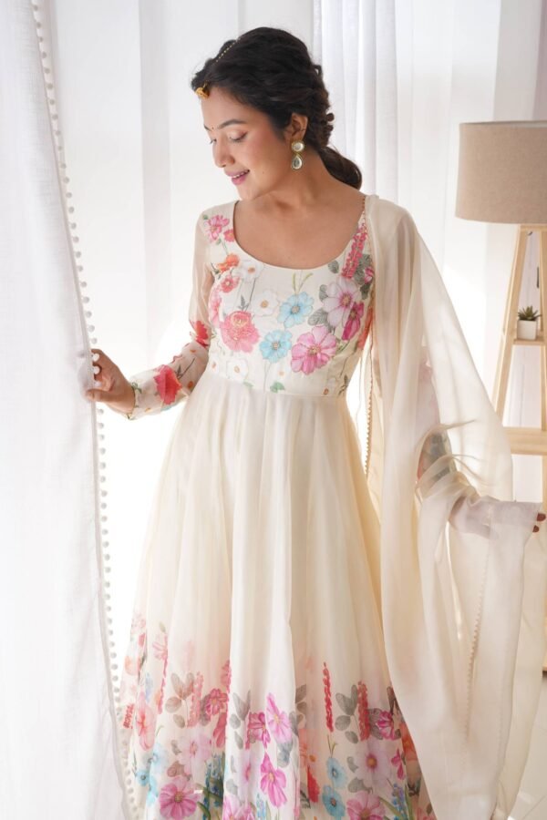 Floral Elegance: Cream Color Flower Print Anarkali with Zari Work and Dupatta