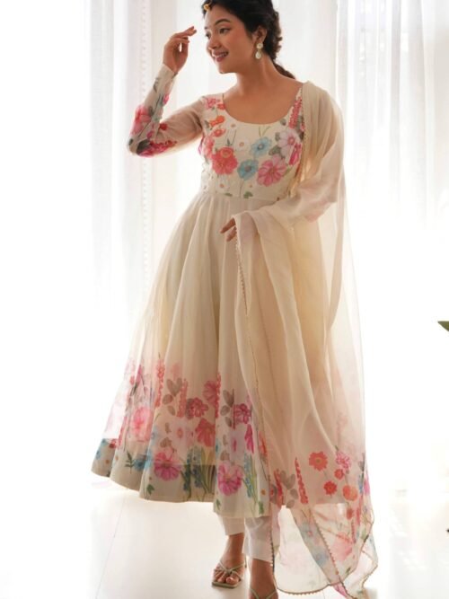 Floral Elegance: Cream Color Flower Print Anarkali with Zari Work and Dupatta