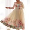 Floral Elegance: Cream Color Flower Print Anarkali with Zari Work and Dupatta