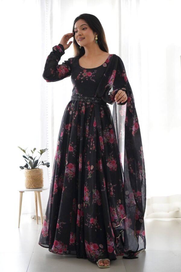 Ready-to-Wear Black Floral Gown with Dupatta