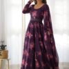 Feel Like Royalty in this Wine Color Floral Gown with Lucknowi Belt and Dupatta