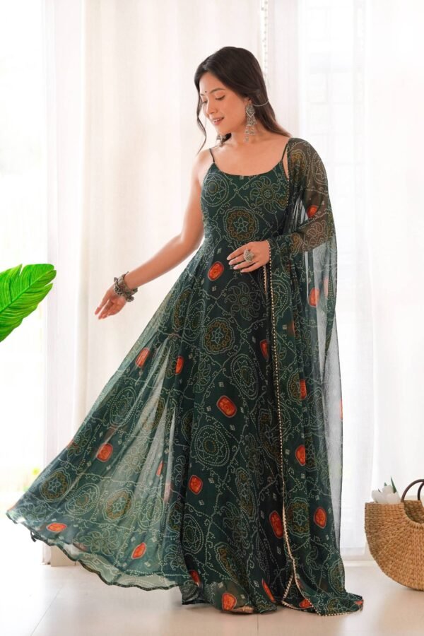 Green Bandhej Print Chiffon Gown with Dupatta - Lightweight & Flowy