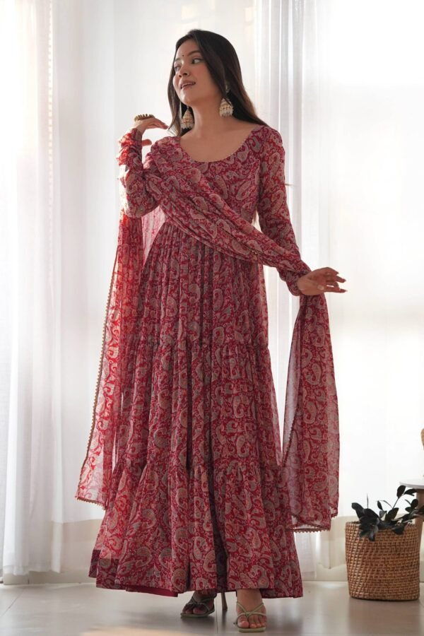 Maroon Kalamkari Print Ready-to-Wear Gown with Dupatta