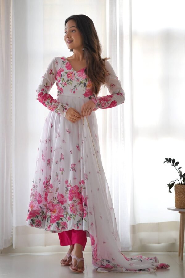 Get Ready to Turn Heads with this Elegant White Floral Print Anarkali Set