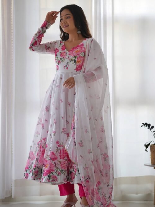 Get Ready to Turn Heads with this Elegant White Floral Print Anarkali Set