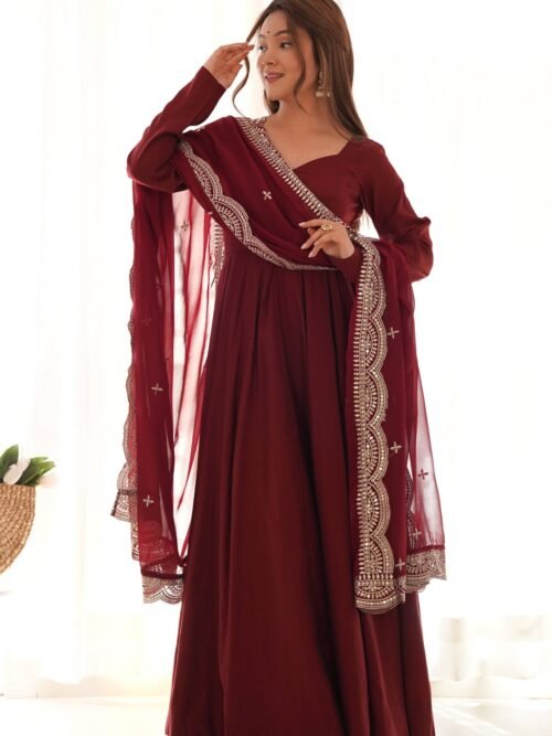 Elegant Maroon Roman Chanderi Silk Anarkali Set with Dupatta and Pants