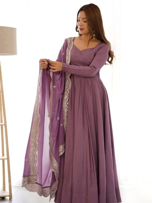 Mauve Pure Romansilk Chanderi Anarkali Suit with Embroidered Dupatta