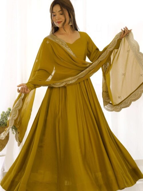 Mustard Chanderi Roman Silk Anarkali Gown with Embroidered Dupatta