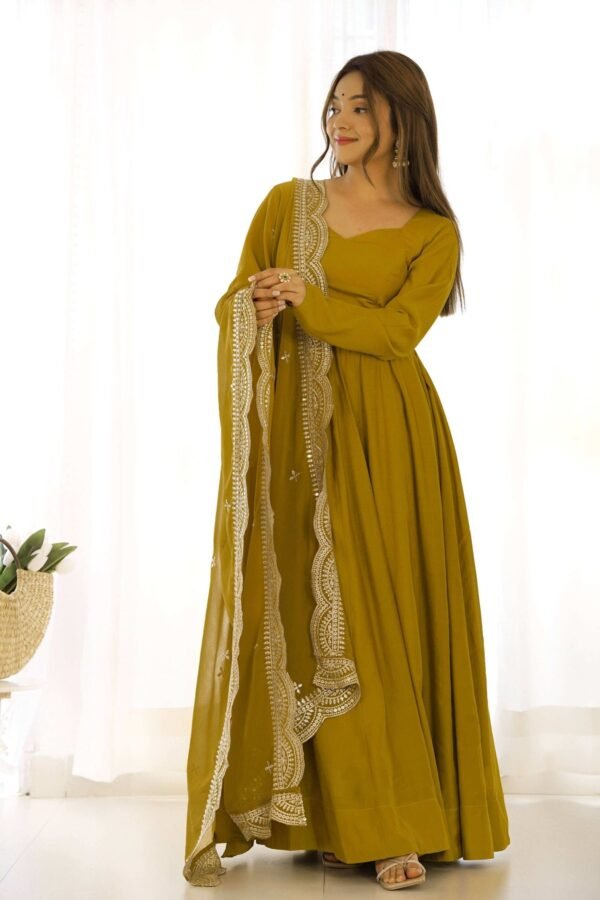 Mustard Chanderi Roman Silk Anarkali Gown with Embroidered Dupatta