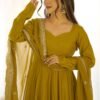 Mustard Chanderi Roman Silk Anarkali Gown with Embroidered Dupatta