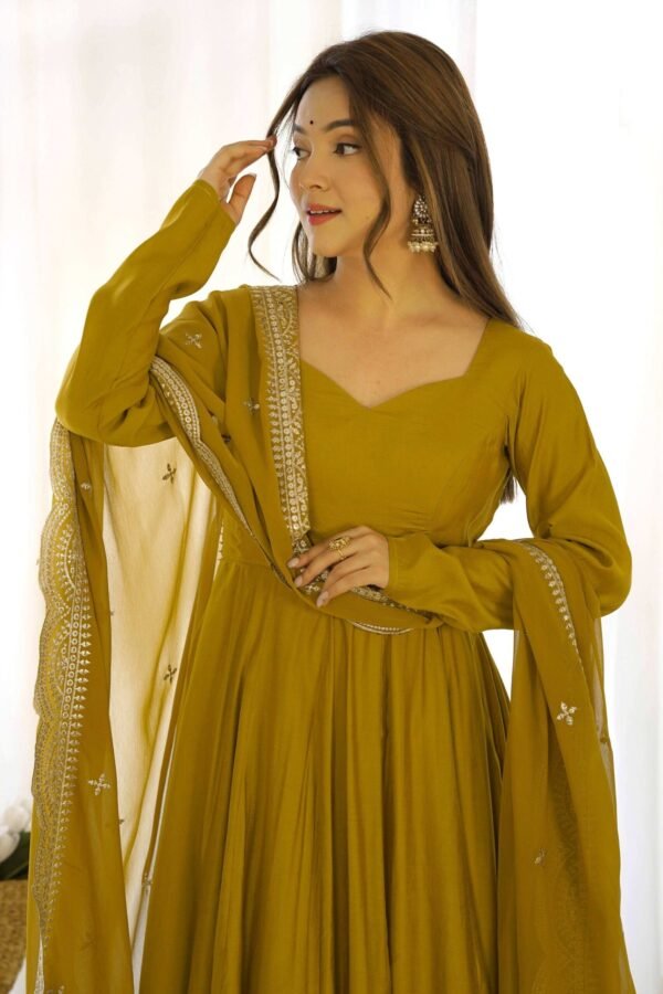 Mustard Chanderi Roman Silk Anarkali Gown with Embroidered Dupatta