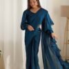Blue Color Party Wear Pre-Wrapped Ruffle Saree