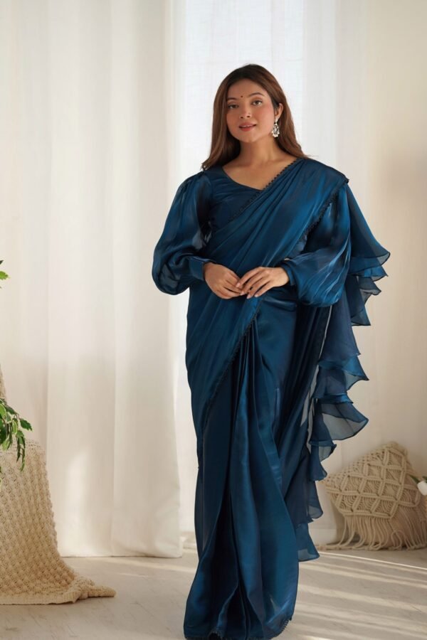 Blue Color Party Wear Pre-Wrapped Ruffle Saree