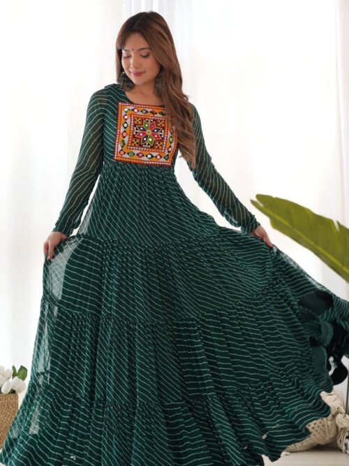 Green Laheriya Print Traditional Gown