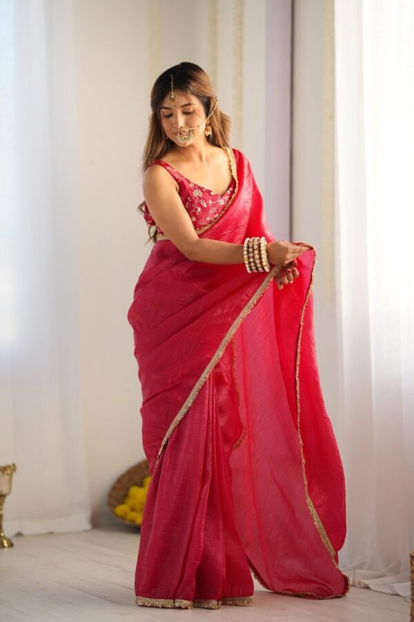 Premium Gold Crush Tissue Silk Ready-to-Wear Saree with Stitched Blouse