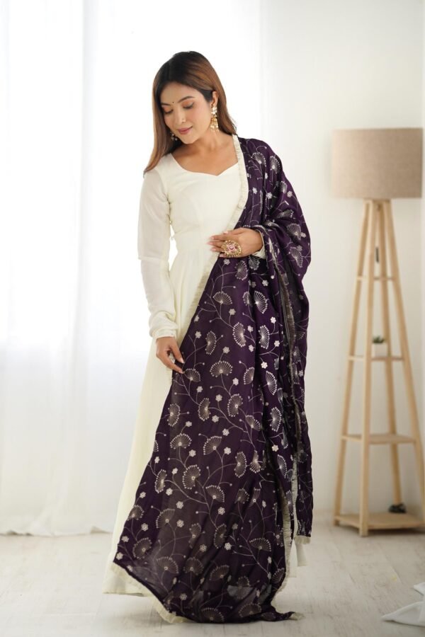 White Silk Anarkali Gown with Purple Heavy Embroidered Dupatta