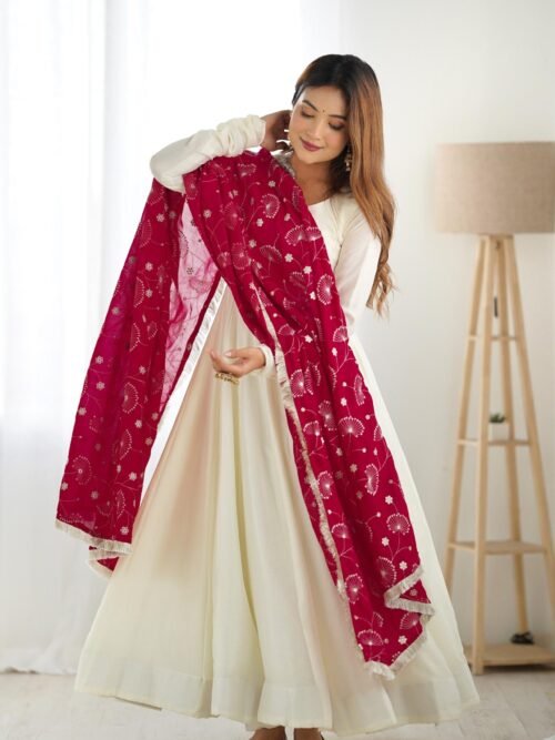 White Vichitra Silk Anarkali Suit with Rani Pink Heavy Dupatta