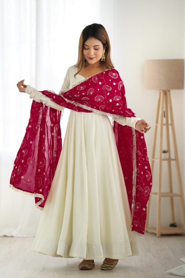 White Vichitra Silk Anarkali Suit with Rani Pink Heavy Dupatta