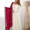 White Vichitra Silk Anarkali Suit with Rani Pink Heavy Dupatta