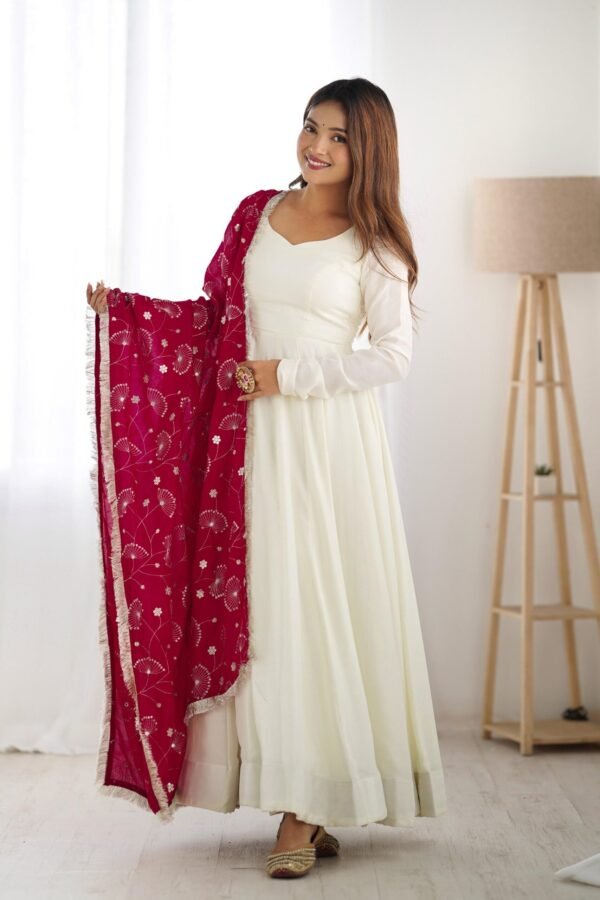 White Vichitra Silk Anarkali Suit with Rani Pink Heavy Dupatta