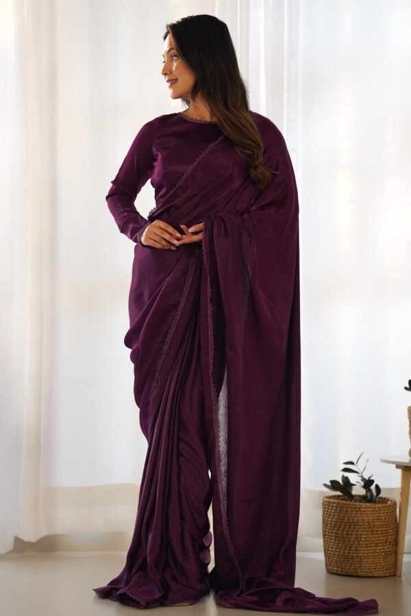 Wine Velvet Ready-to-Wear Saree with Fully Stitched Blouse