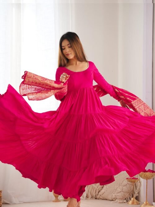 Elegant Roman Silk Chanderi Anarkali Suit Set with Banarasi Jacquard Dupatta