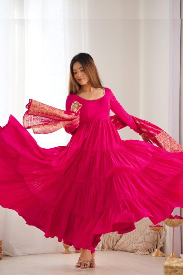 Elegant Roman Silk Chanderi Anarkali Suit Set with Banarasi Jacquard Dupatta